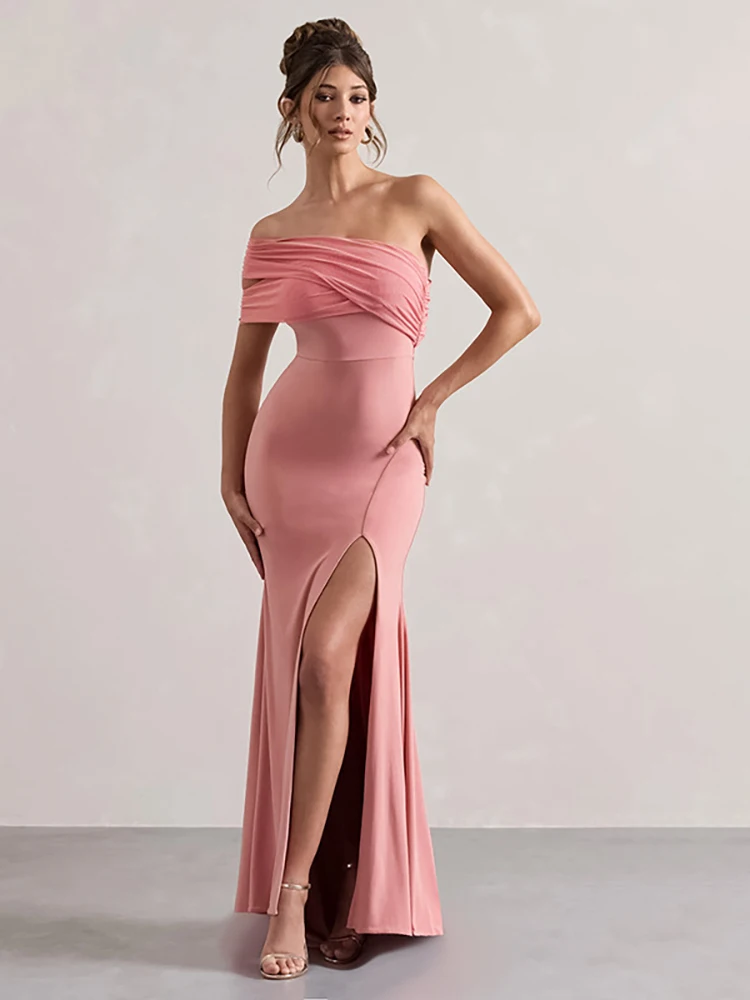 

JULISSA MO Sexy One Shoulder Mesh Women Maxi Dress Pink High Slit Evening Dress Female Autumn Skinny Elegant Party Clubwear 2024