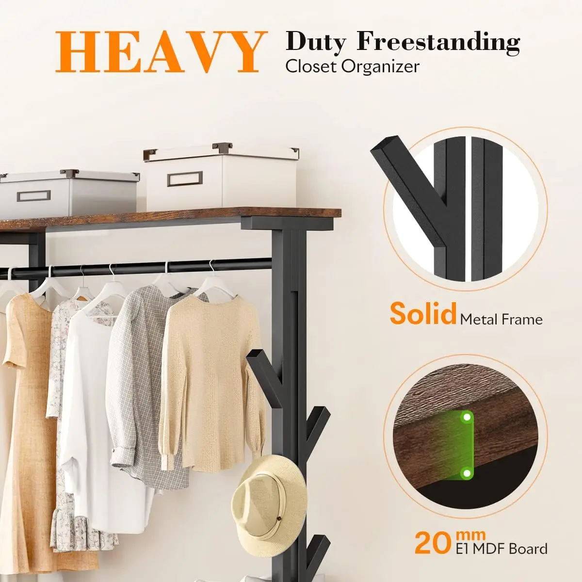 650lbs Capacity Heavy Duty Clothing Rack with Shelves Freestanding Closet Organizer with Hooks Metal Wardrobe Closet Or