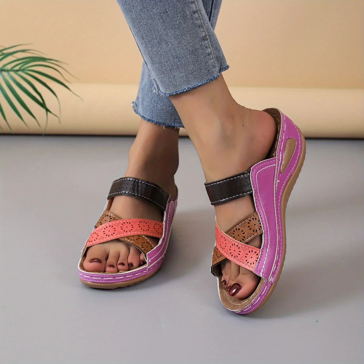 Women Cross Strap Wedge Slides Retro Comfort Open Toe Perforated Non Slip Sandals Arch Support Slides Shoes