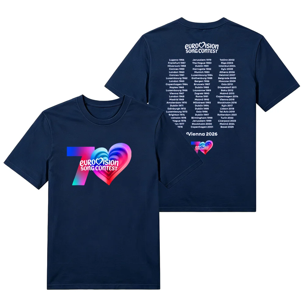 Eurovision 70th Anniversary Vienna 2026 Cotton T Shirt Rainbow Gradient 70 Heart Front Print Unisex Music Lover Fan Casual Tee
