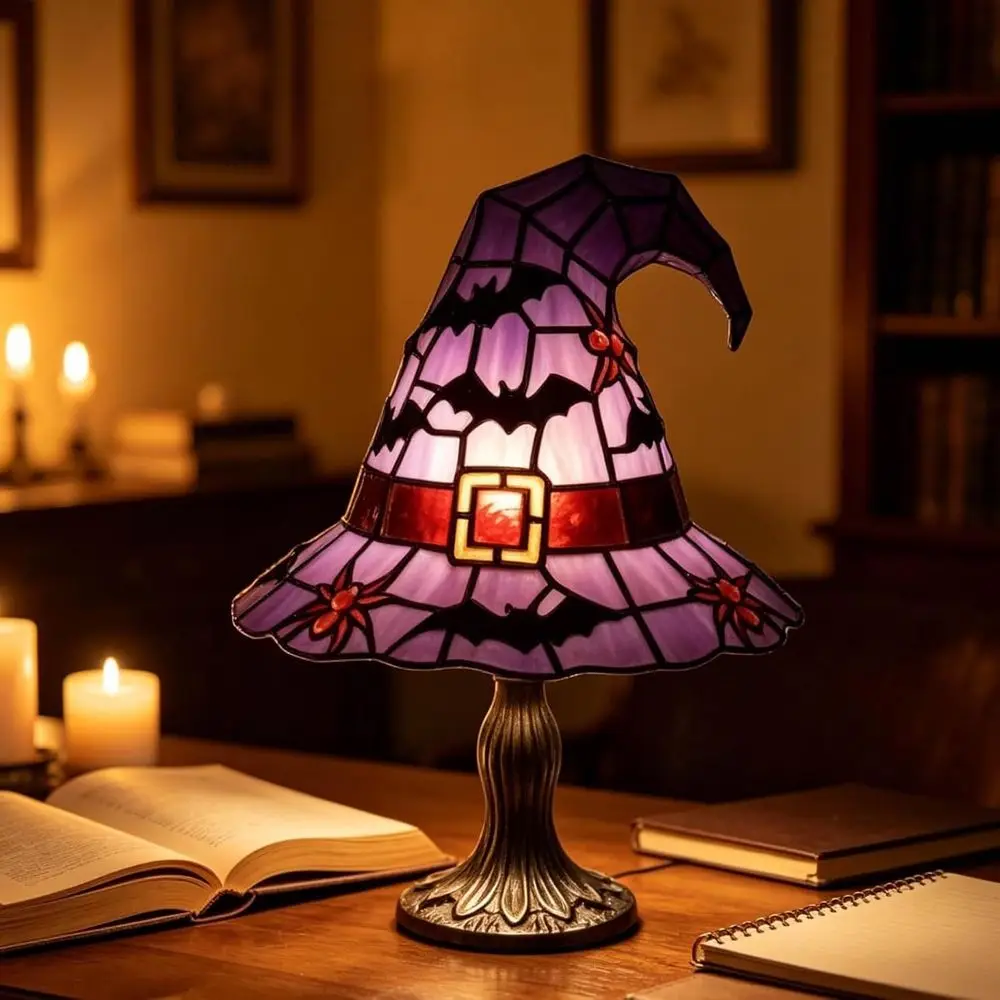 Stained Glass Witch Hat Lamp Gothic Decor, Vintage Witchy Halloween Night Lights, Goth Table Lamps or Night Stands, Bedroom, Liv