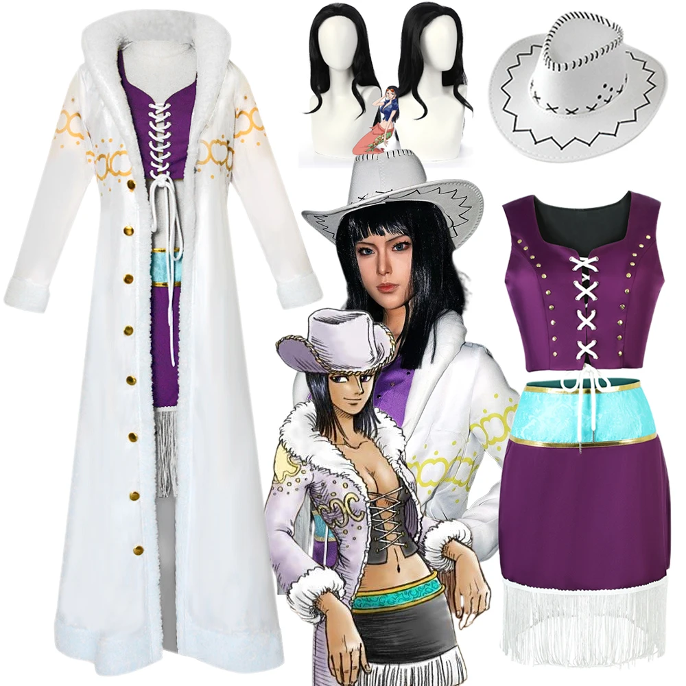 

Nico Robin Cosplay Costume Wig Anime Purple Fancy Dress Uniform Long Fur Collar White Cloak Full Set Outfit Halloween for Women