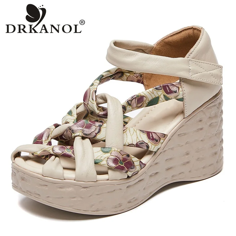 DRKANOL 2024 Women Wedges Sandals Summer Shoes Printing Cross Genuine Leather National Style Chunky Platform Fish Mouth Sandals