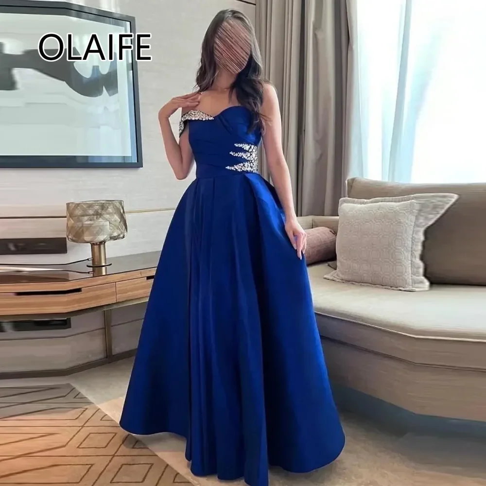 

Strapless Satin Pleated A-line Fomral Bridesmaid Evening Dress Backless Beaded Crystal فساتين سهرة with Court Customized