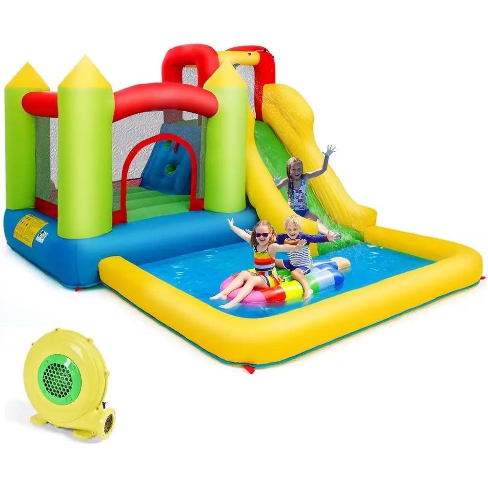 Iatable Water Slide, 5 in 1 Giant Water Bounce House Water Park w/Climbing Wall & Slides, Splash Pool, Outdoor Blow up