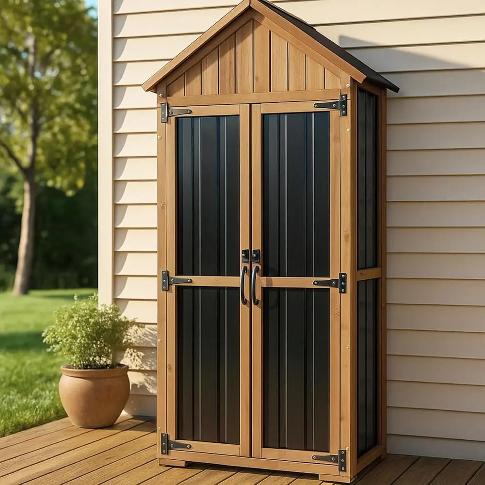 

Weatherproof Wood & Metal Outdoor Storage Cabinet with Adjustable Shelves, Lockable Door, and Adjustable Feet, Ideal for Garden,