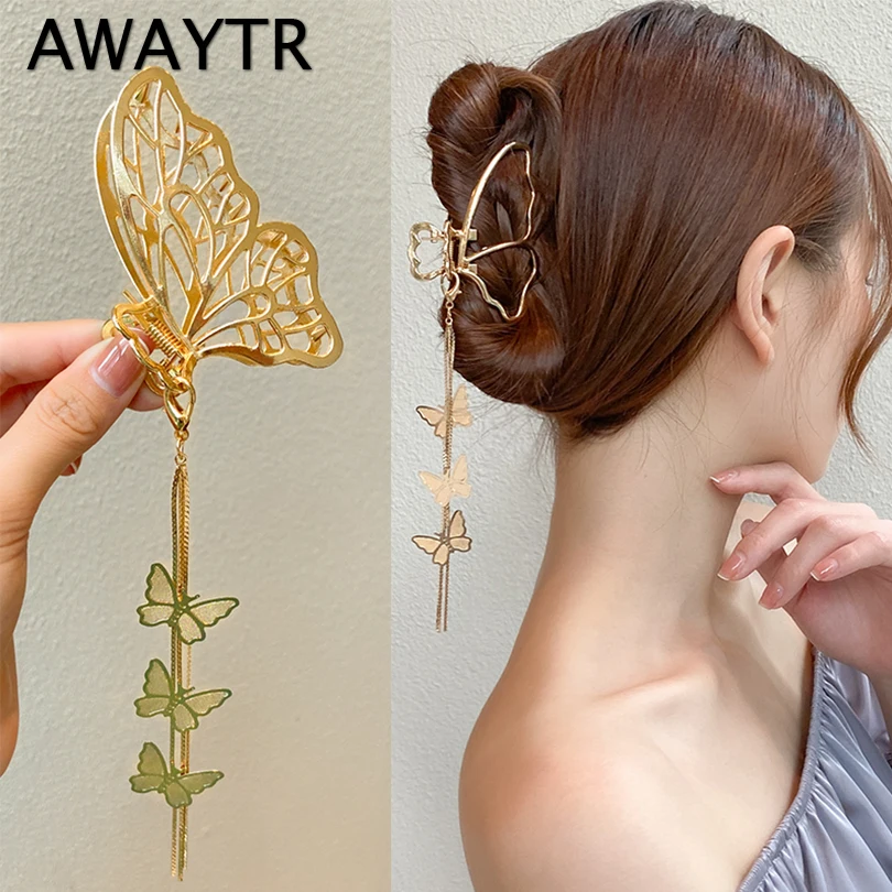 AWAYTR Metal Silver Gold Butterfly Hair Claw Women Vintage Tassel Pendant Hair Clips Headband Hairpin Hair Crab Hair Accessories