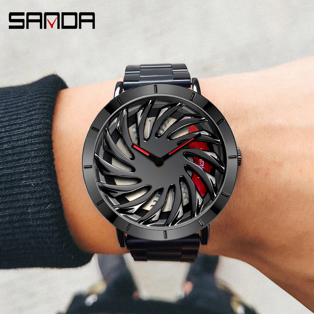 Fashion Sanda Top Brand Hot Sell Stainless Men Watch Waterproof Sport Racing Car Rim Wheel Rotating Dial Clock Relogio Masculino