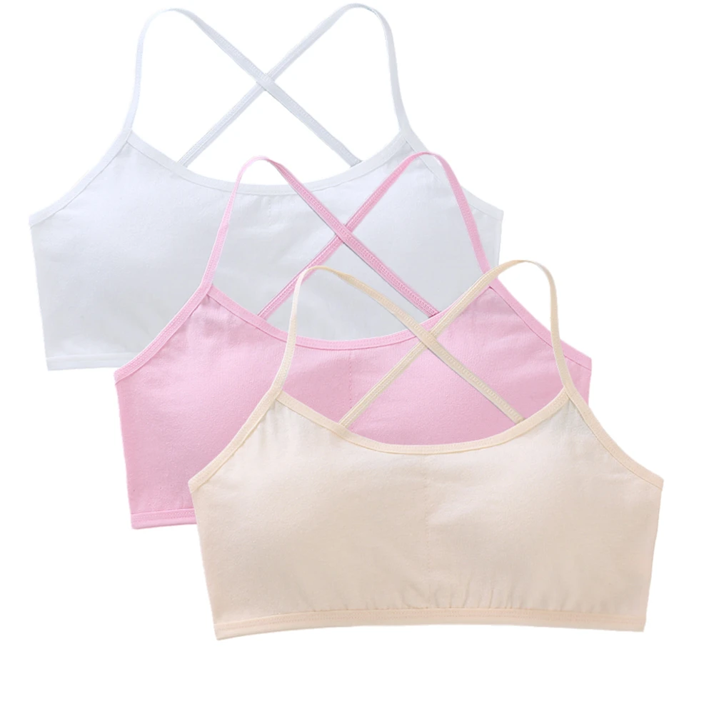 3PCS Solid Training Bras for Teenage Girls Breathable Cotton Camisoles with Removable Pads First Bras for Tweens&Teens Underwear
