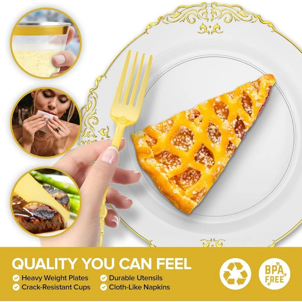 جديد - طقم أطباق شفافة وذهبية مع أدوات مائدة مسبقًا مع مناديل وأكواب ذهبية، أواني طعام لـ 50 ضيفًا (350 قطعة)،