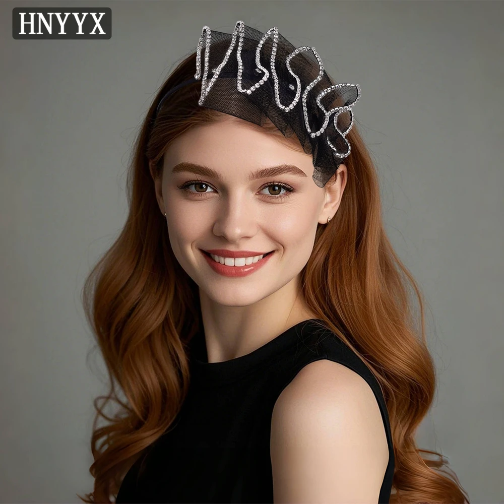 

HNYYX Elegant Women's Luxury Mesh Crystal Headband Black Bow Rhinestone Narrow Hairband Daily Festival Retro Hair Accessory A156