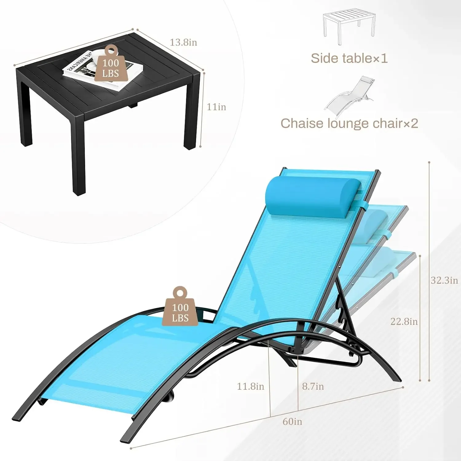 3 Piece  ized Patio Chaise   Set 5 Level Adjus  Pool   Chairs with Headrest Tanning Recliner for Poolside Bac