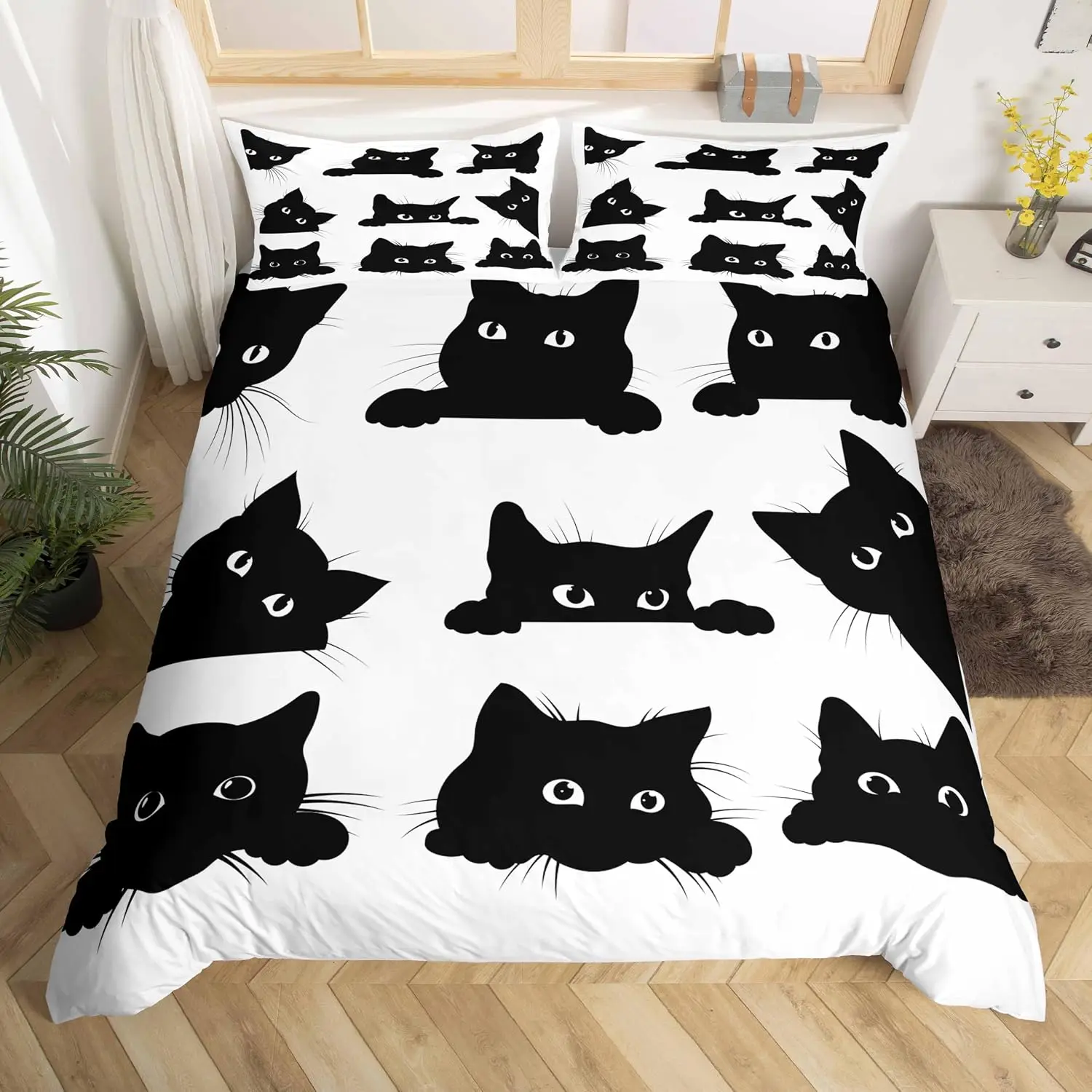 Black Cat Bedding Set Double Size White Cute Kitten Print Duvet Cover With 2 Pillowcases 3D Animal Comforter Cover