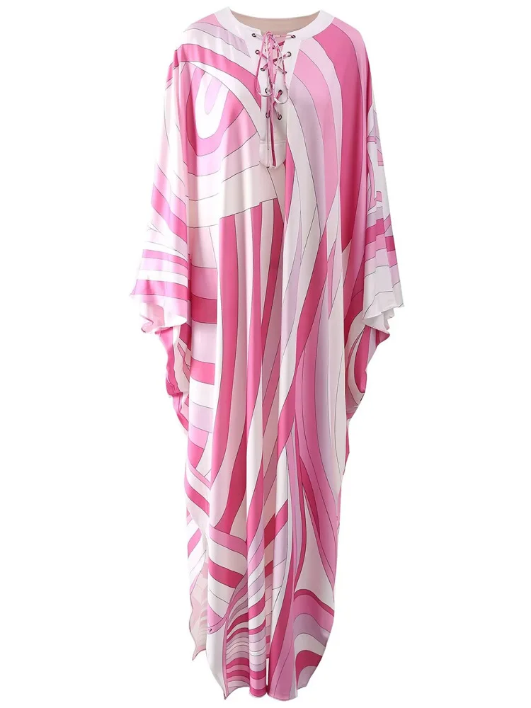 Fashion Rainbow Printing Robe Dress O-Neck Bandage Crossing Loose Vestidos Casual Lady