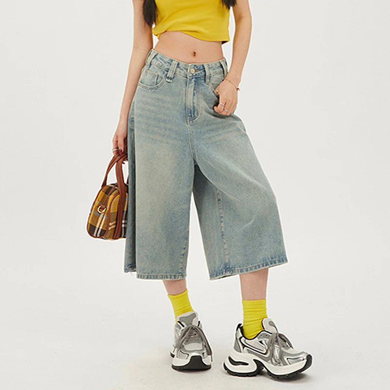 

2025 Y2k Retro Women Low Waisted Black Wash Cropped Baggy Jeans Wide Leg Frayed Denim Short Pants