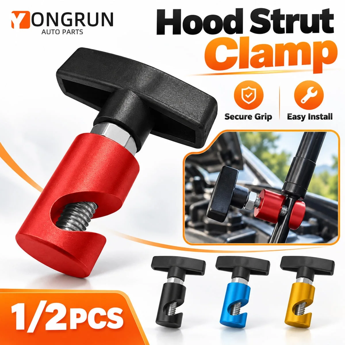 YONGRUN 1/2PCS Hood Strut Clamp Aluminum Alloy Secure Grip Quick Adjust Red Black Blue Yellow Bonnet Support Hardware
