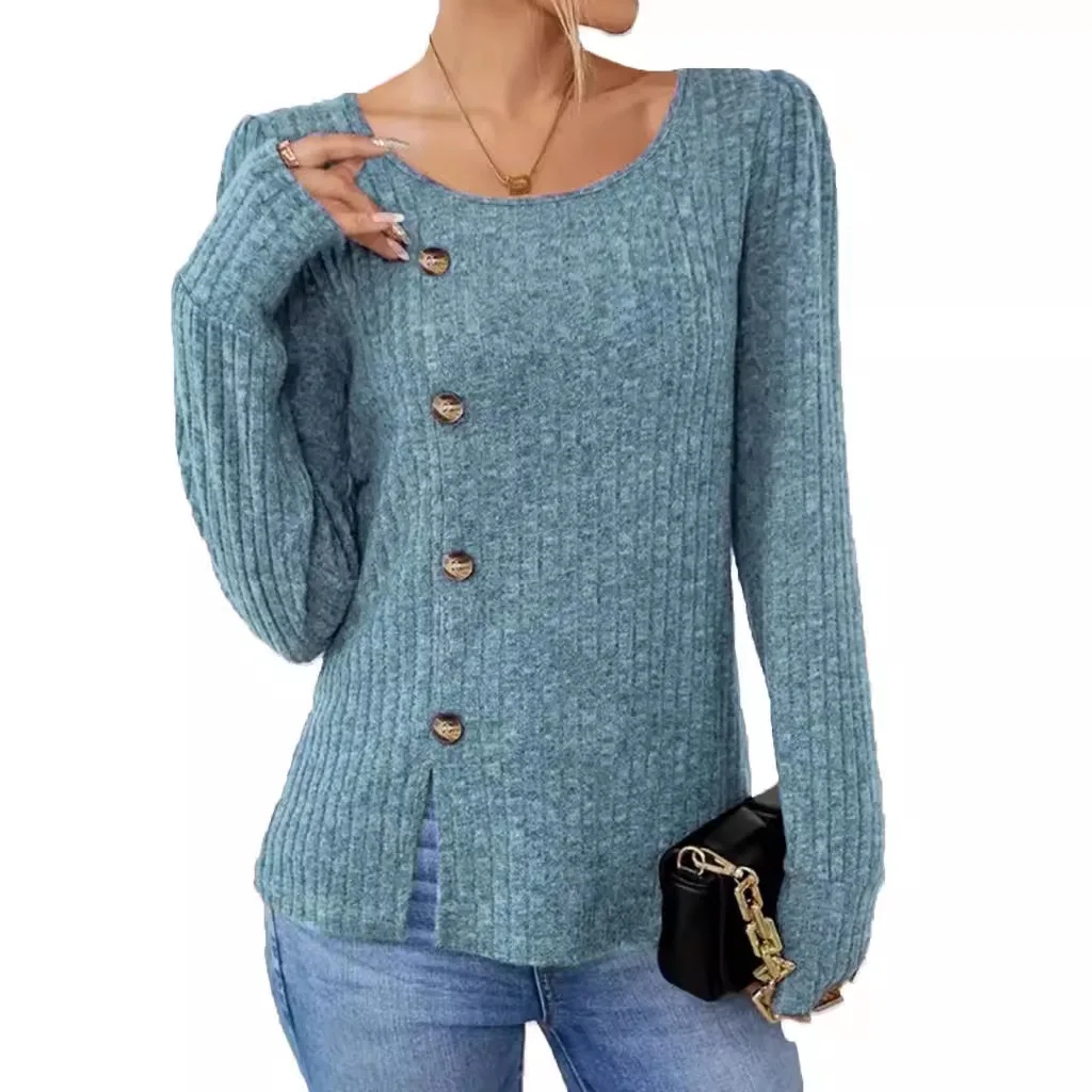 Y2K Herfst/Winter nieuwe Lange Mouw Effen Kleur Ronde Hals Top voor Vrouwen Mode Casual Button-Up Trui T-Shirt traf zara 2025