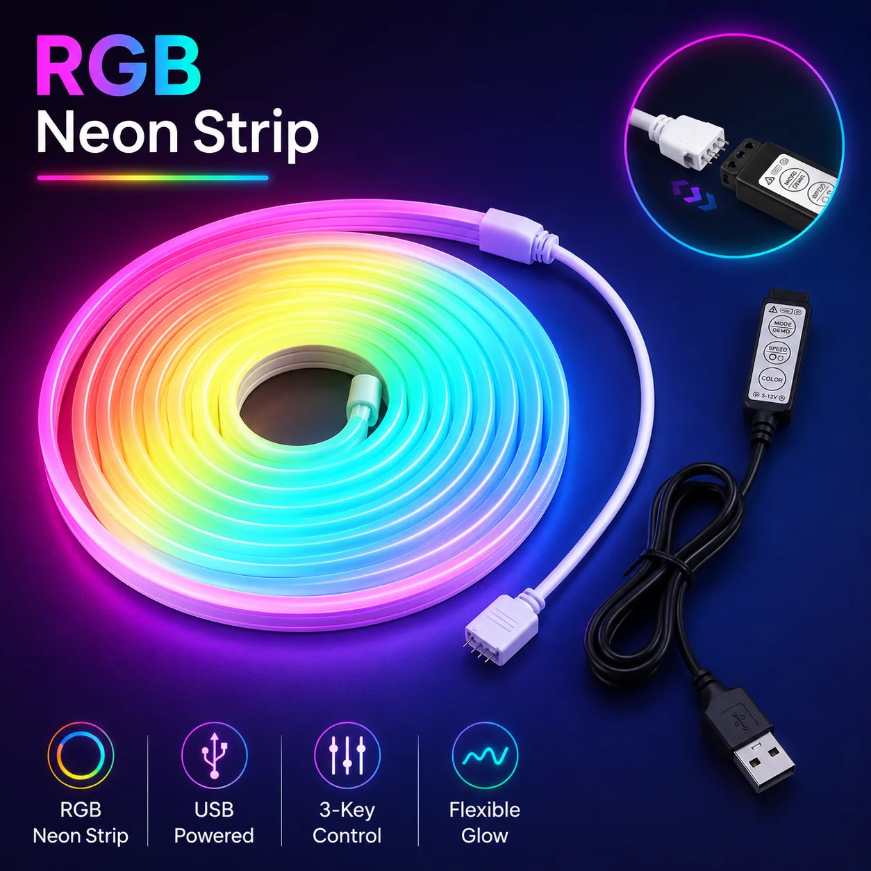 LTG-GEE 5V USB RGB Neon Strip Light 3Key LED Neon Rope Lamp Flexible Cuttable DIY Room TV Gaming Decoration
