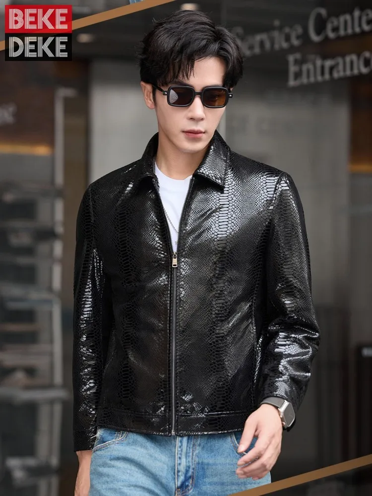 Autumn Winter Luxury Business Men Snakeskin Pattern Sheepskin Genuine Leather Jacket Zipper Stand Collar Designer Slim Fit Coats