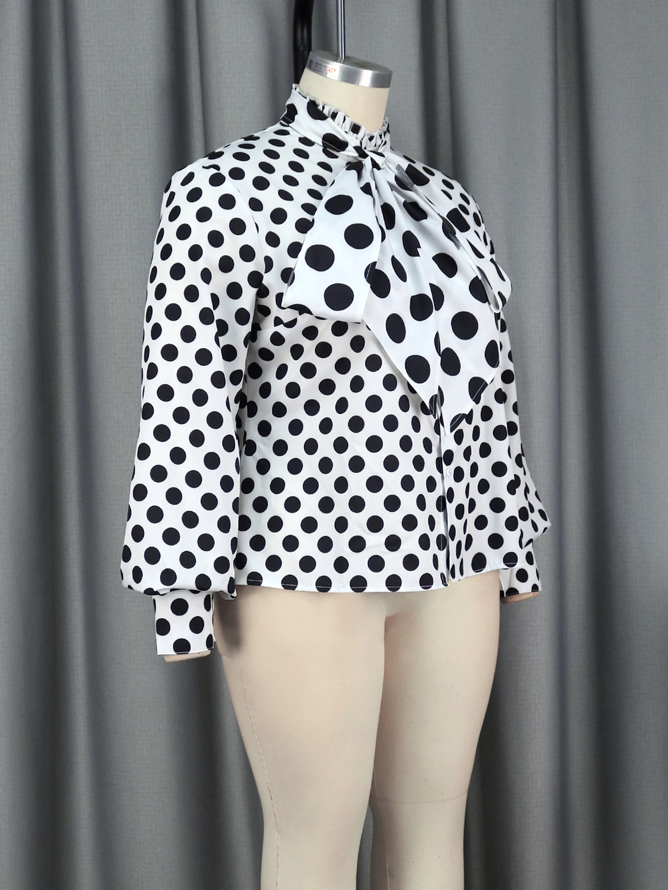 AOMEI Black Polka Dot Printed Blouse Women Shirt Bowtie Lace Up Long Sleeve Button Up Tops Elegant Lady Office Work Casual Wear