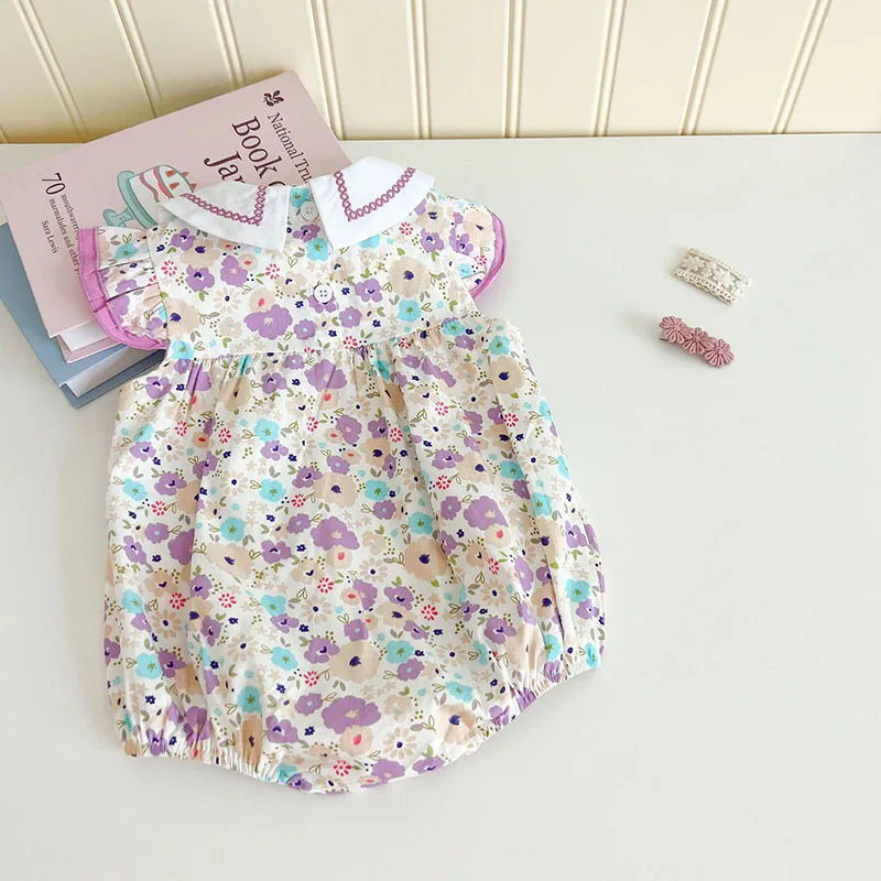 Embroidery Baby Girls Flower Bodysuit Infant Cute Purple Floral One Piece Toddler Infant Sweet Outwear Clothes Jumpsuits