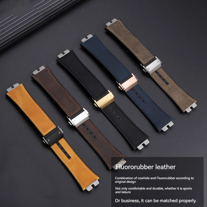 Quick Release Retro Genuine Leather +Fluoro rubber bottom Watchband For Hublot Big Bang 411 411 Men Strap Stainless steel joint