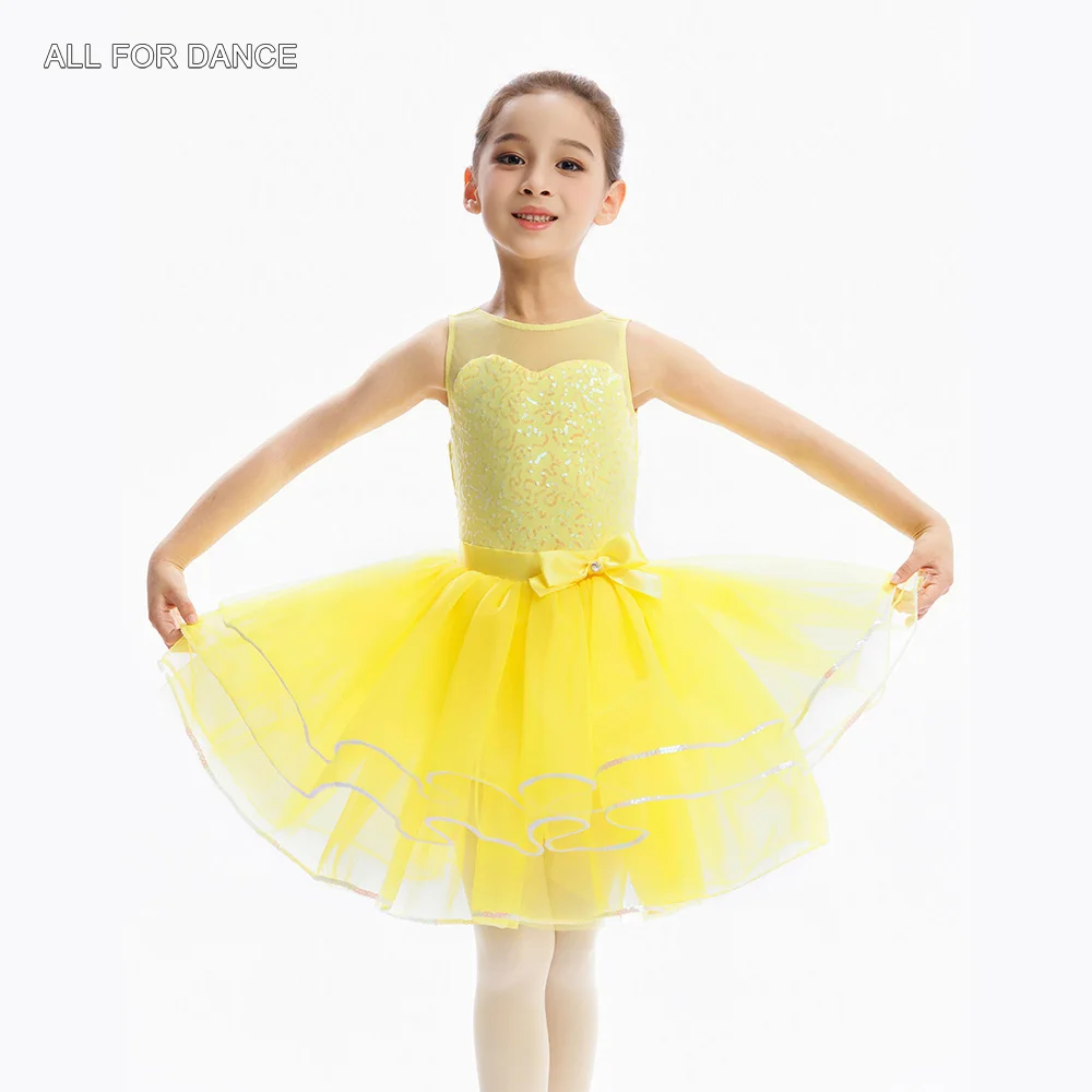 

C26070 Kids Ballet Tutu Yellow Sequin Spandex Bodice with Layers Tulle Tutu Skirt Girls Stage Performance Ballet Costumes