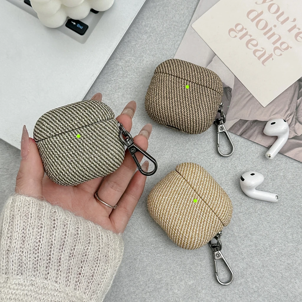 Fresh Simple Oblique Stripe Texture Faux Leather With Hook Protective Earphone Cover Case for AirPods 1 or 2 3 4 5 Pro 2 Pro 3 - view 2