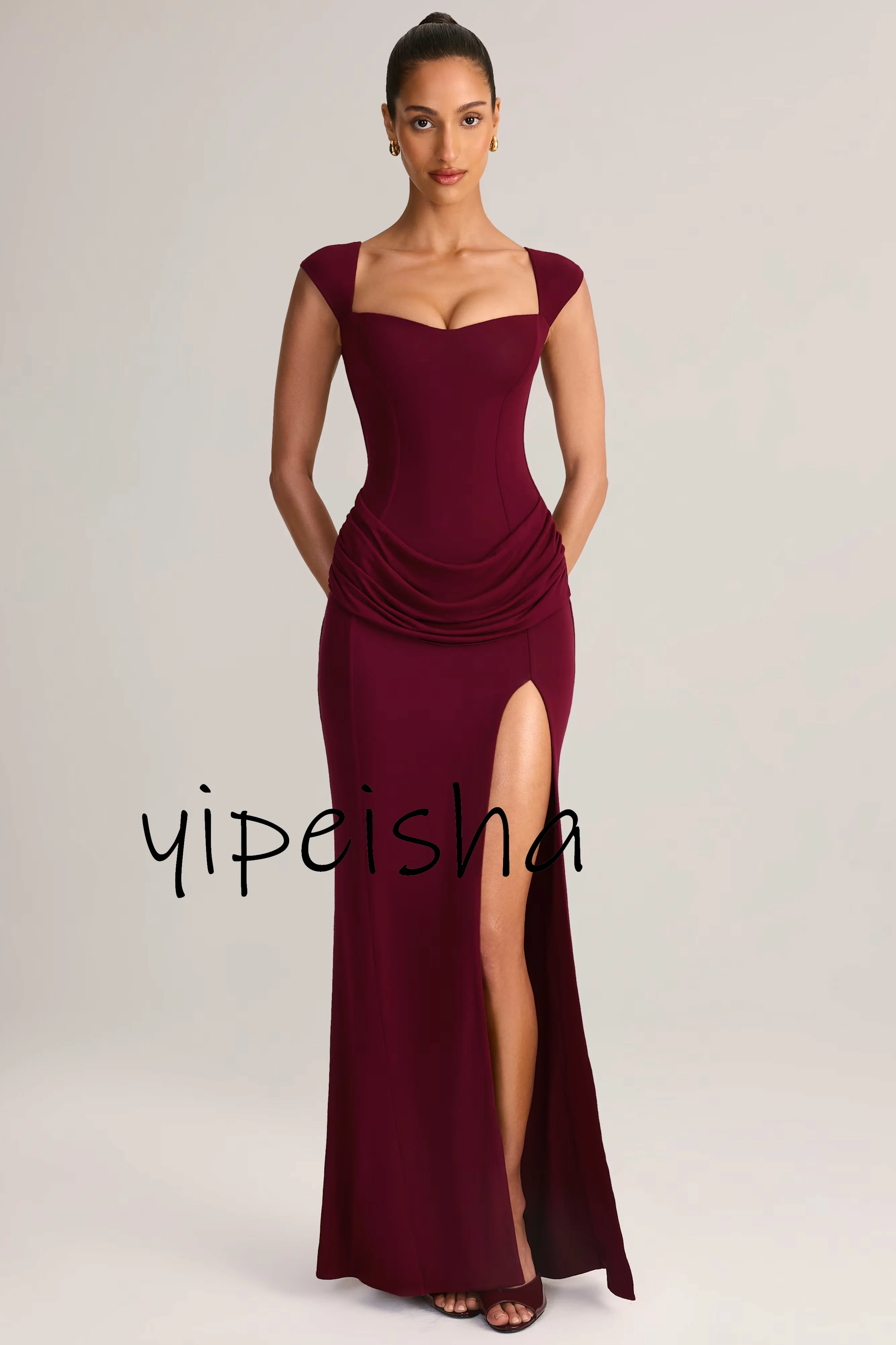 

Customized Retro Jersey Pleat A-line Square Neck Long Dresses Bespoke Occasion Dresses Classic Modern Style Sizes Available