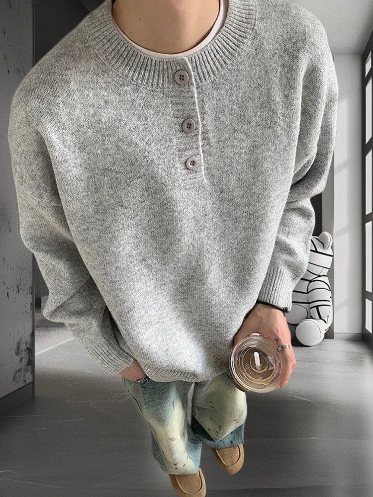 

American Retro Men's Knitted Sweater Henry Collar Ne Lazy Sle Sweatirt Outerwear ey Winter High Sensation Loose Fit