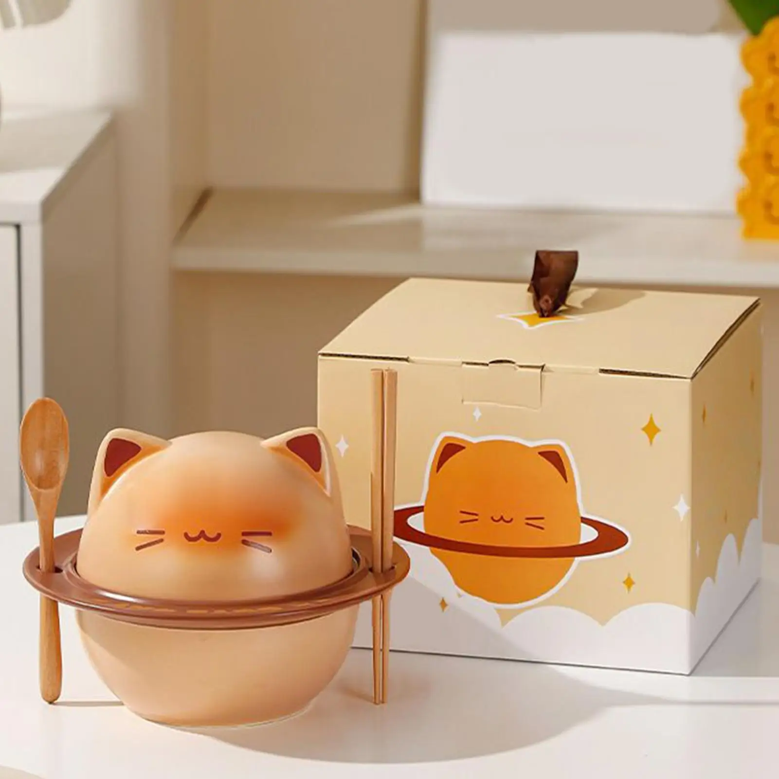 

Чаша для рамэна с тостным котенком, керамическая чаша для рамэна, набор керамических чаш для рамэна с дизайном кошки, контейнер для хранения еды с ложкой, палочками для еды