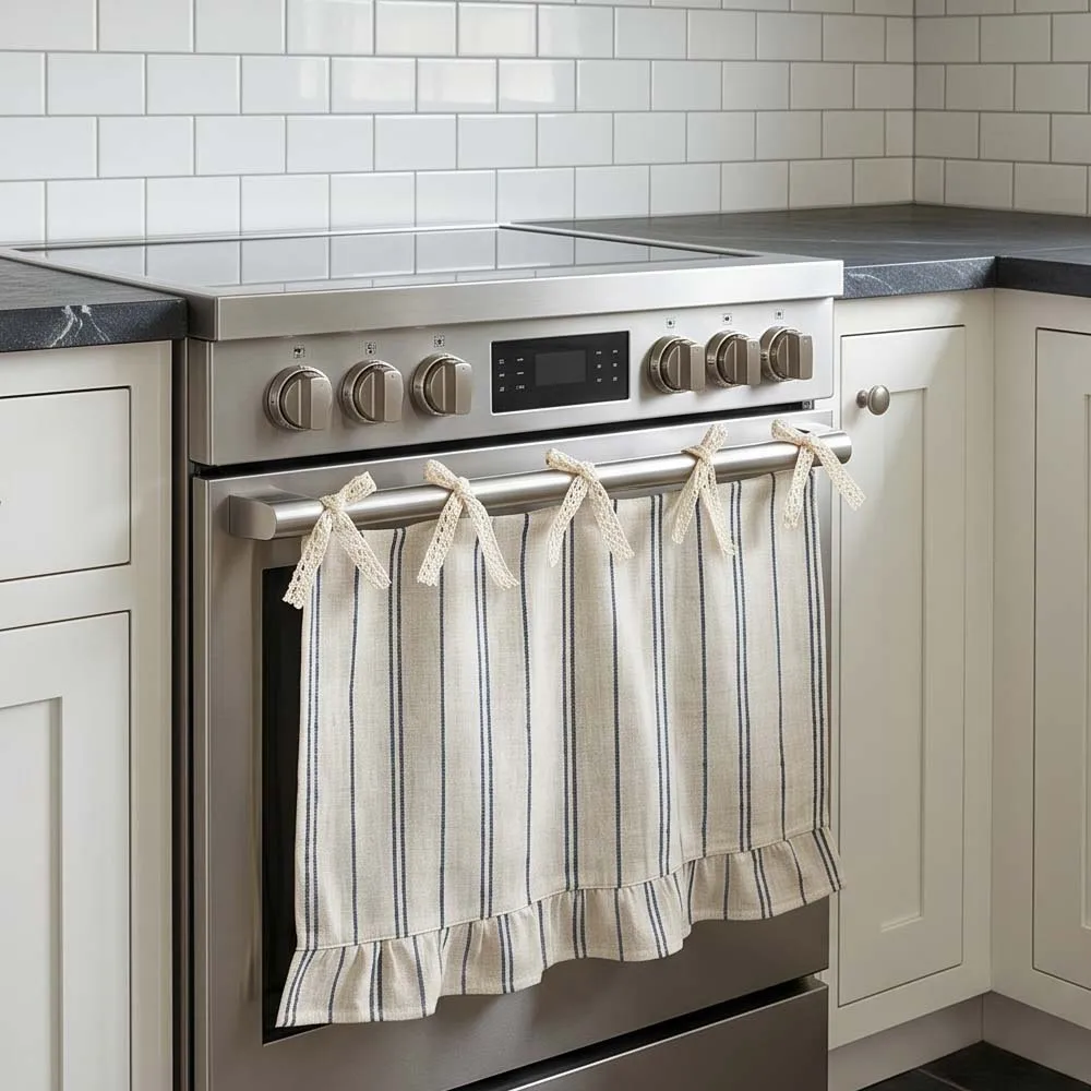 Rustic Kitchen Oven Curtain, Farmhouse Ruffle Oven Door Cover with Tie-Up Design, Decorative Skirt for Stove Dishwasher Cabinet