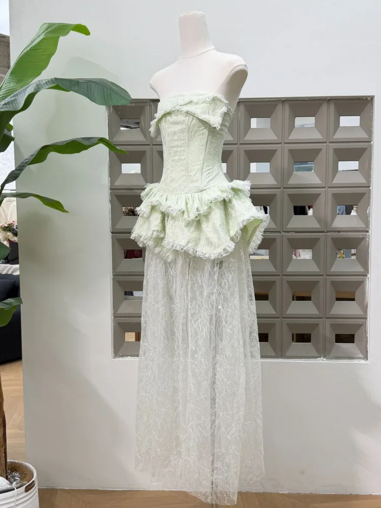 Dfdg feminino primavera luz verde sem alças espartilho vestido em camadas plissado elegante festa formal wear 2025 na moda roupa feminina vestido