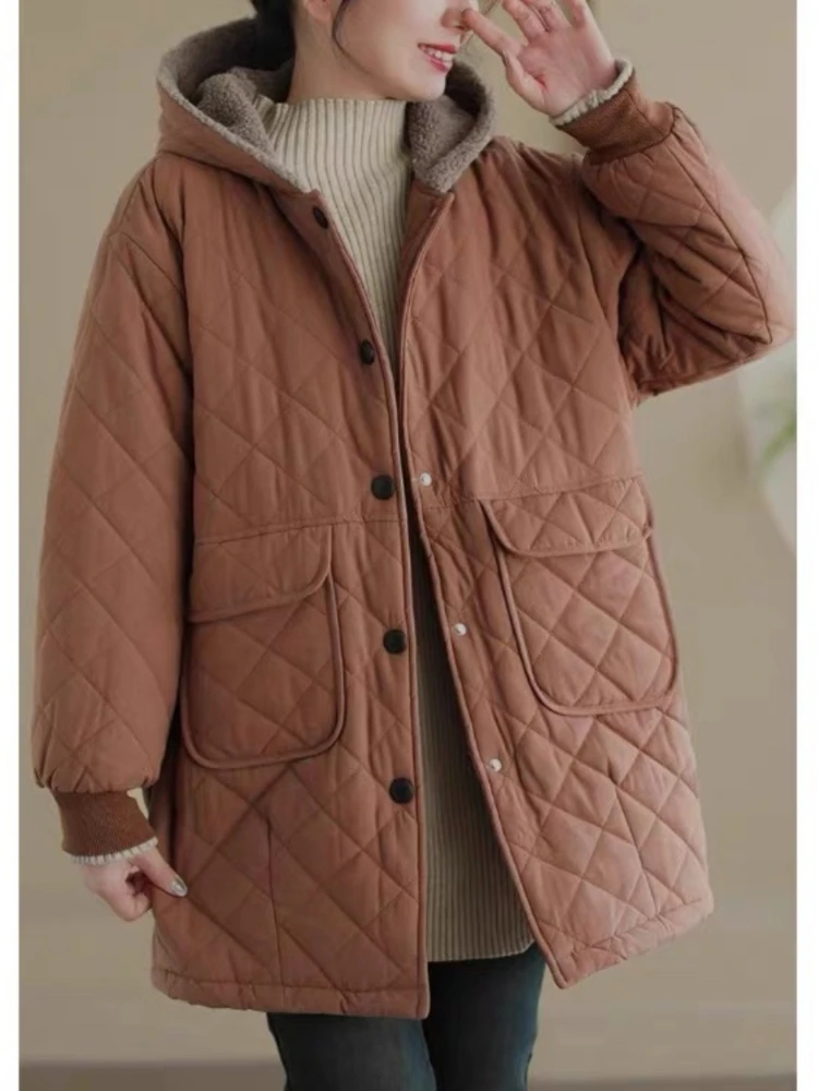 Retro diamond patterned lamb wool hooded cotton jacket women winter new loose and thick warm mid to long length coat