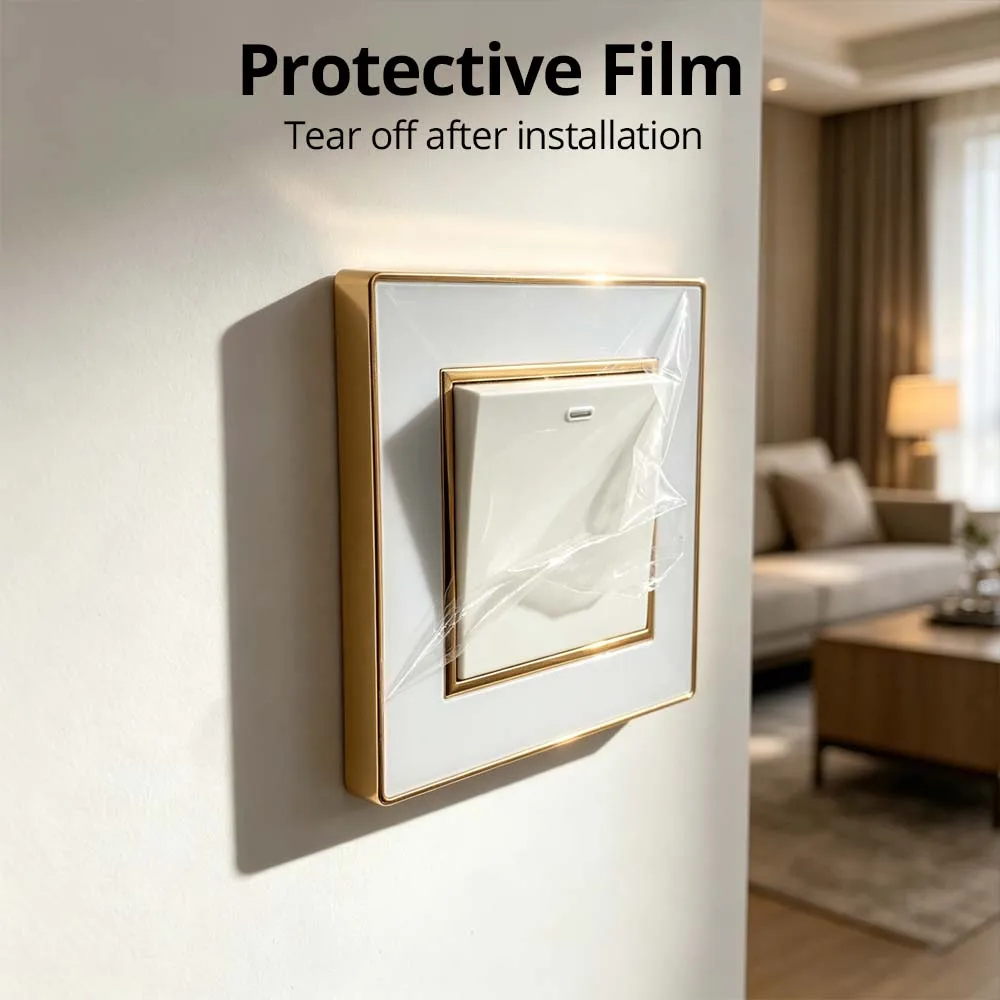 Wallpad White Acrylic Panel With Gold Border 2 Way Wall Light Switch With LED Indicator EU Electric Outlet With USB