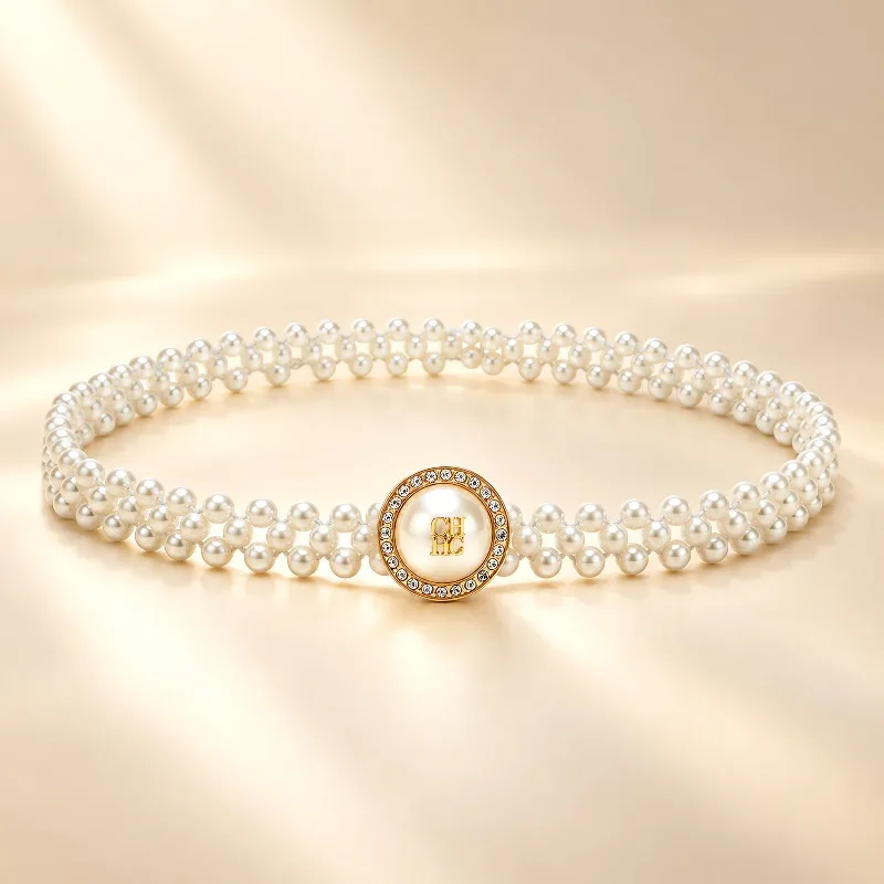CHHC Women Pearl Beaded Waist Belt Elegant Rhinestone Buckle Thin Stretch Waistband For Dress Wedding Party Outfit