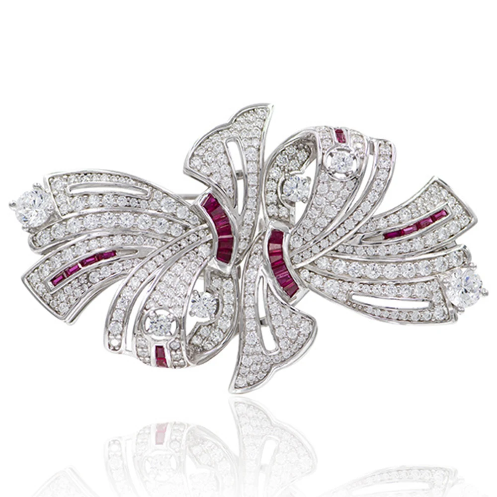 Wuiha 925 Sterling Sliver Ruby High Carbon Diamond Gemstone Brooch Brooches Collar Clip Corsage Cocktail Bowknot Fine Jewelry