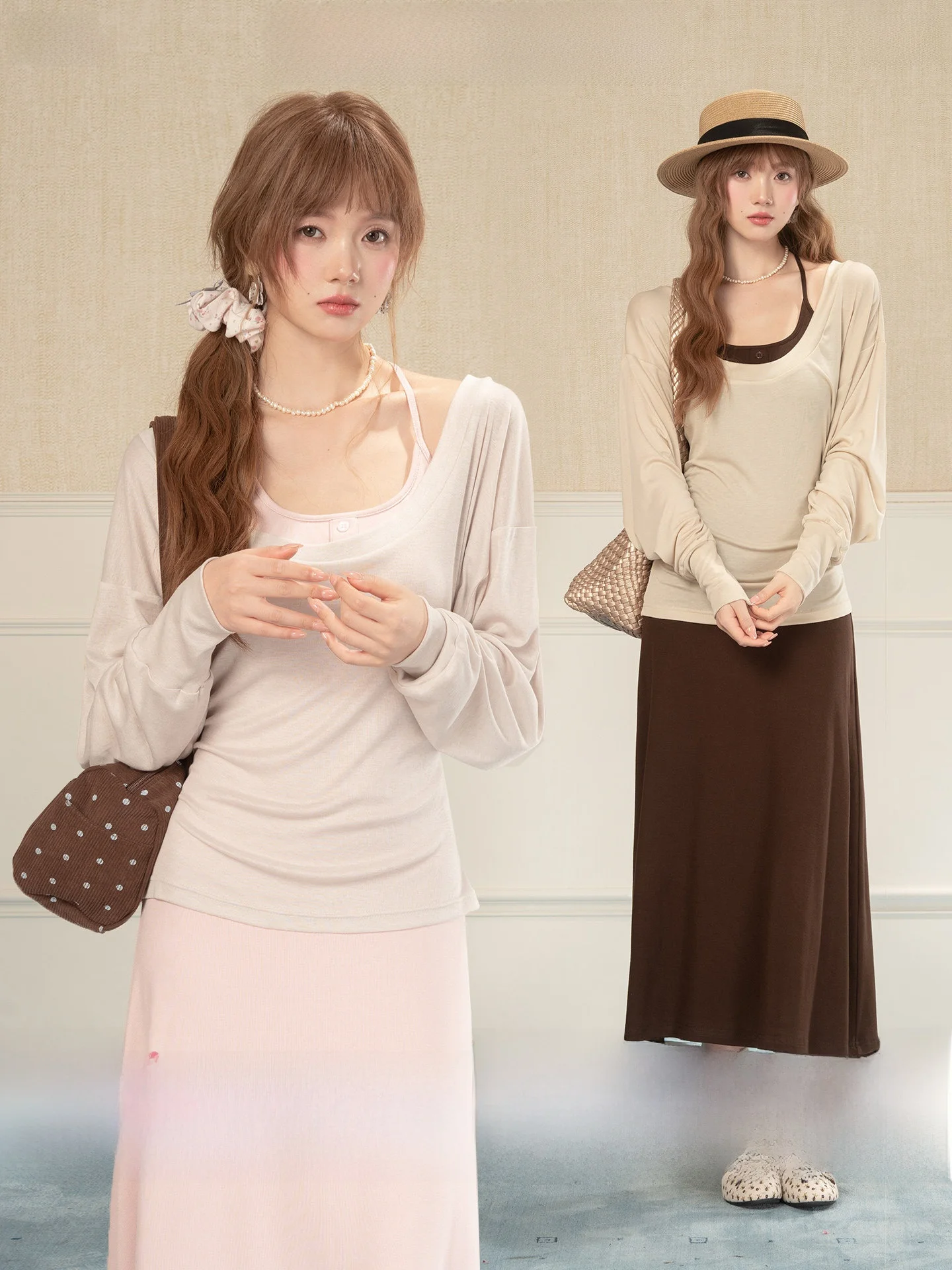 

Heynew Sweet Spicy Girl Long Sleeve Cover up Vest Dress Set Women Spring Salt System Lovely Mature Two Piece Set