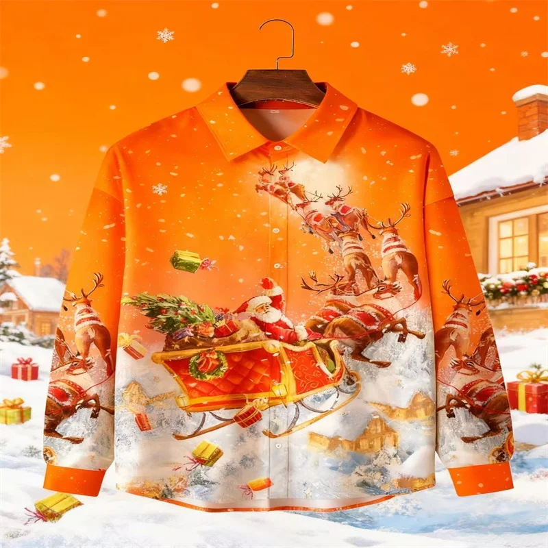 

2025 рождественские ностальгические Санта-Клаус и санки с оленями, рубашка с длинными рукавами и принтом, семейный подарок для вечеринки