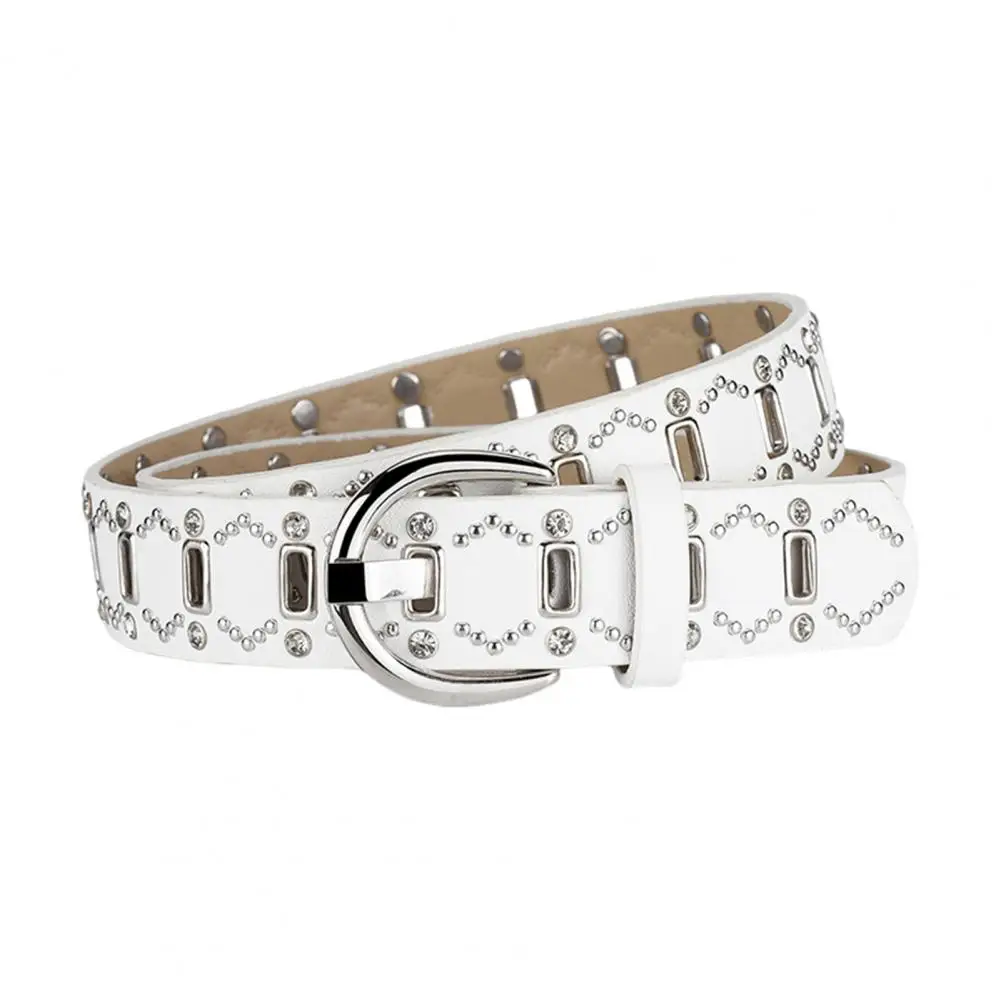 Metal Embellished Belt Punk Style Rivet Decor Women's Belt with Adjustable Length Multi Holes Design Faux Leather for A