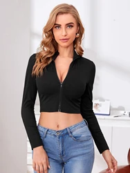 2024 Spring Summer Women's Commuting Slim Fit Deep V-neck Sexy Black Zipper T-shirt Short Top Minimalist Commuter Tops