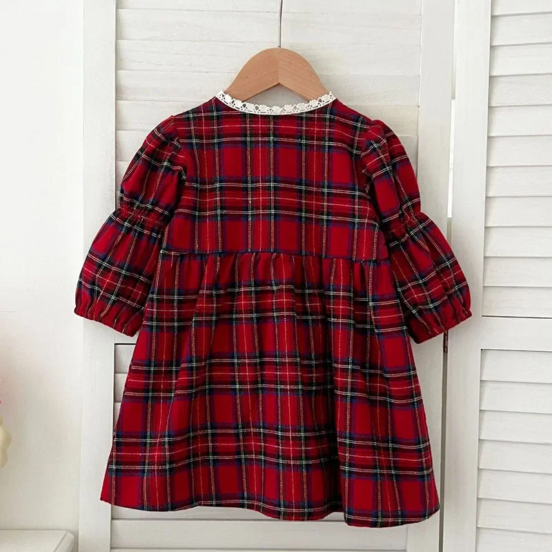 2024 New Autumn 2-6Yrs Girl Party Dress Long Sleeved Cotton Grid Baby Girl Romper Kids Princess Dresses Christmas Sister Dress