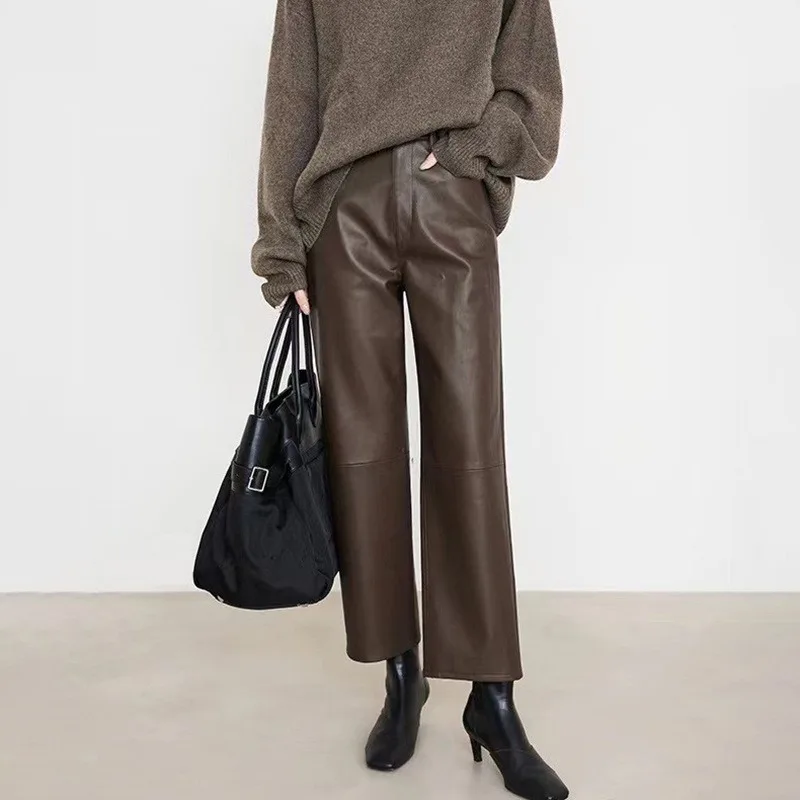 Tao Ting Li Na Genuine Leather Pants Light Luxury Sheepskin Maillard Casual Trousers High Waist Slim Straight Women's Pants