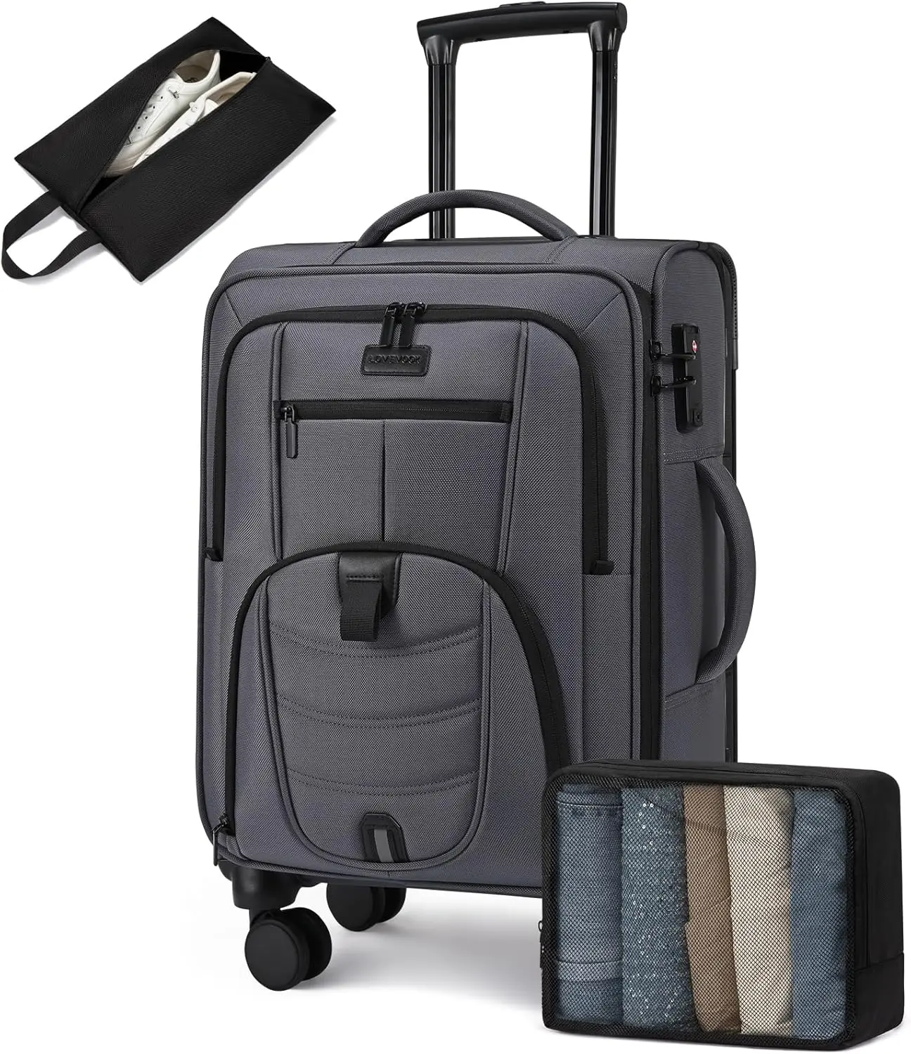 

Серый легкий чемодан большой вместимости с колесами-спиннерами и замком TSA, одобренный авиакомпаниями, для путешествий мужчин и женщин.