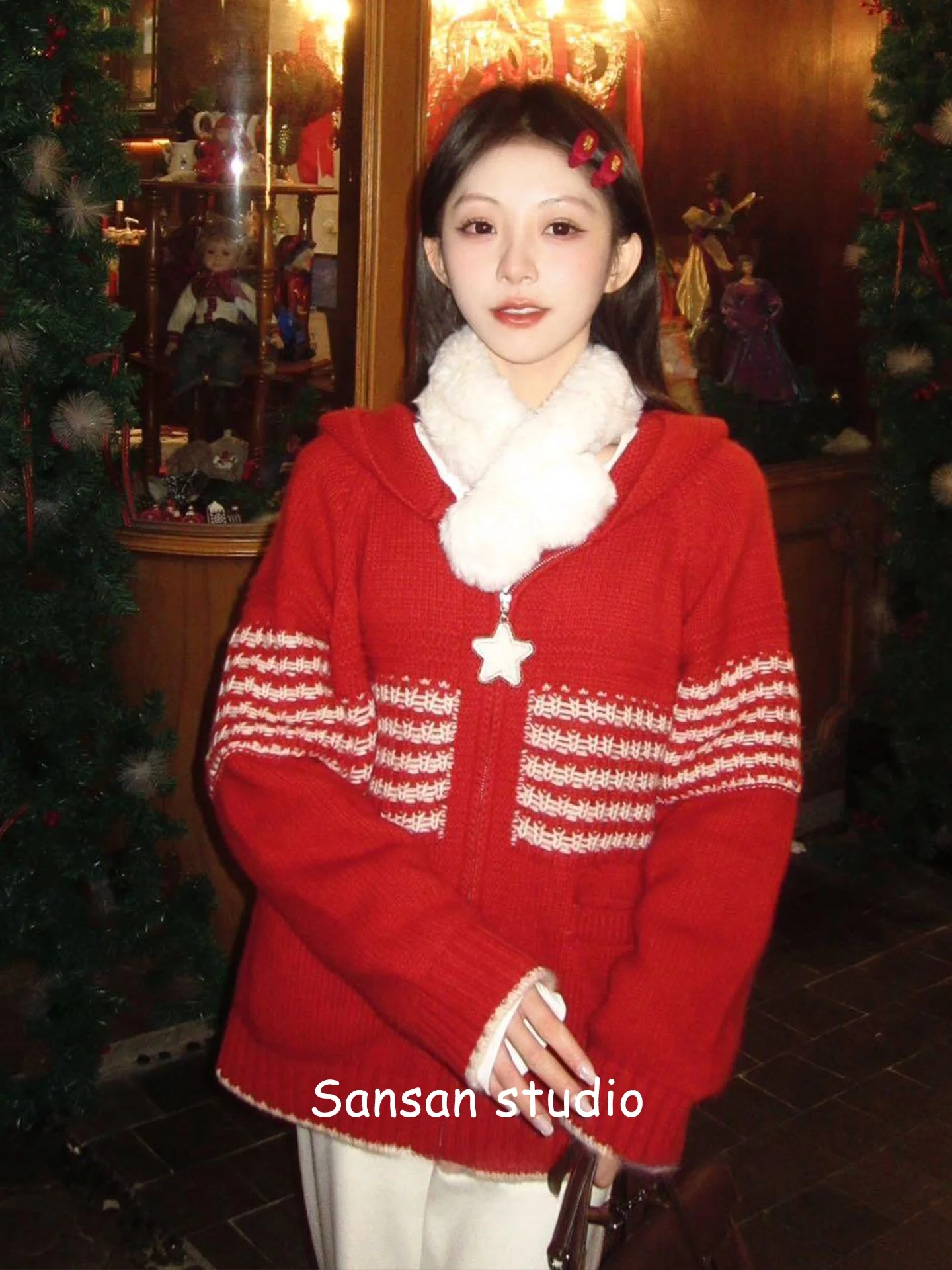 

New Year Oversize Loose Women's Knitted Hat Sweater Outerwear Red Early Spring Faionable Commute Sle Long Sve Zipper