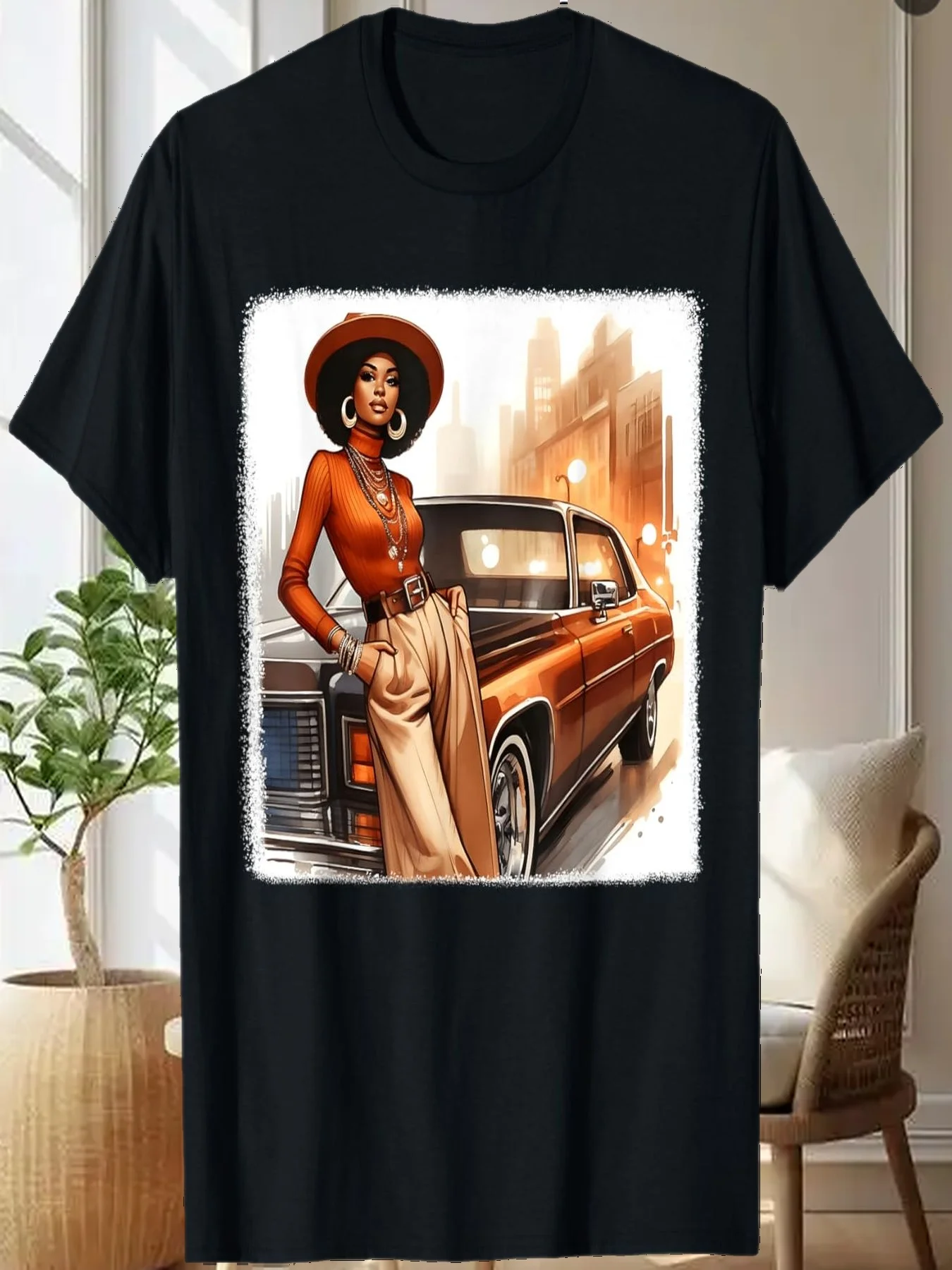 

African American 1970s 80s Vintage Vibes Black Girl Old Car T-Shirt