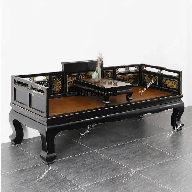 

New Chinese Arhat bed retro black lacquer classical gold-painted carved rattan couch