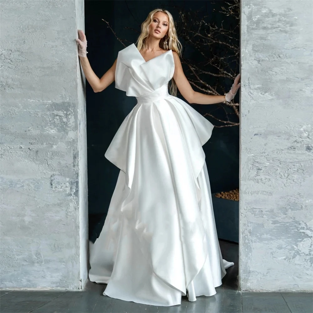 

Luxury Wedding Dresses For Women 2024 Tiered Satin Bridal Gowns A-Line Vestidos De Novia Bow Bridal Gowns Sleeveless Robes 2023