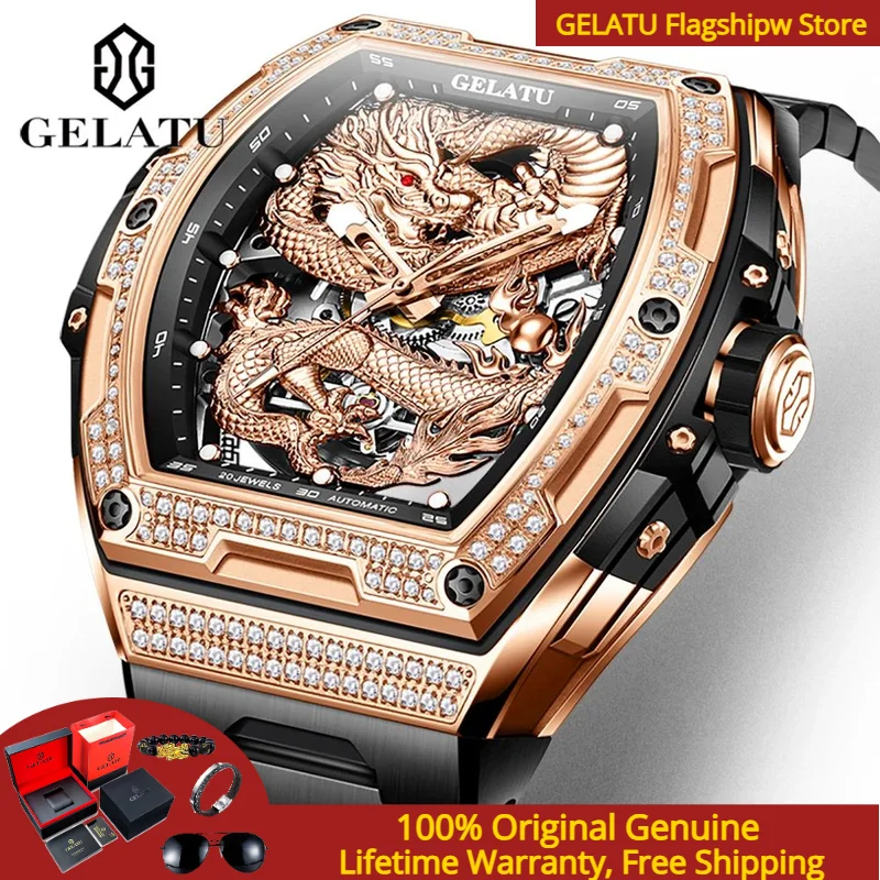 

GELATU 6021 Men Watch Luxury Full Dragon Hollow Automatic Mechanical Watch Original Diamond Sapphire Mirror Waterproof Men Watch