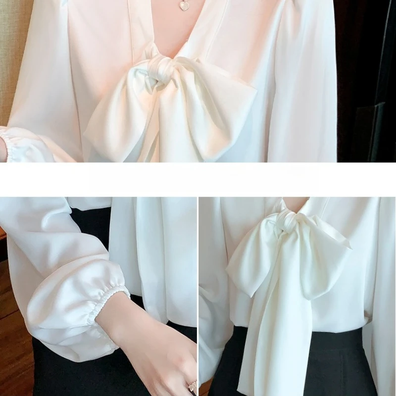Spring Autumn Elegant Chiffon White Women's Bow Blouse 2025 New Long Sleeve V-neck Korean Casual Loose Office Lady Shirts Female